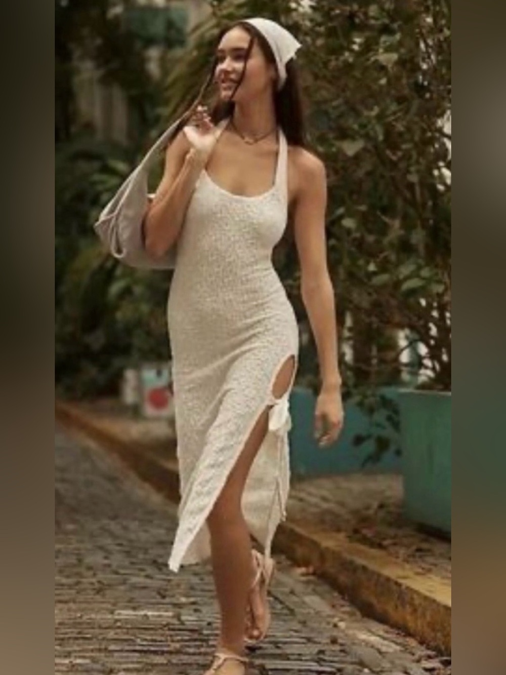 Free People Sea Foam Cream Halter Midi Dress with Side Bow size medium - Picture 3 of 14